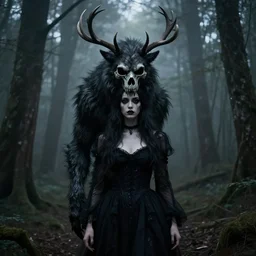 style artgerm, joshua middleton, rafael albuquerque : : scary wendigo with antlers and skull face mixed with werewolf : : [ [ beautiful witch wearing a black dress, symmetrical face, on the right side ] ] : : in the forest, detailed, dark and foggy, cinematic lighting