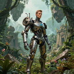 ultrarealistic, cyborg, cyberpunk, gears, steam, future, iamrobot movie, masculine figure, beautiful, soft skin, harsh metal, overgrown forest, rubble, vines, flowers, plant life, jungle, aztec temple, decay, ruins, floating rocks connected by huge vines, avatar movie