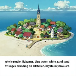 “ghibli studio, Bahamas, blue water, white sand, intricate village, trending on artstation, hayao miyazaki art,”