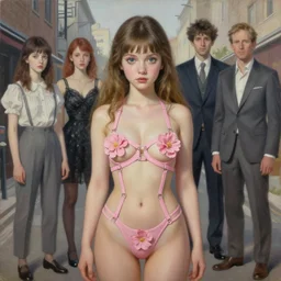 pop surrealism, lowbrow art, realistic cute alice girl painting, pink bdy harness with flowers, japanese street fashion, hyper realism, muted colours, rococo, natalie shau, loreta lux, tom bagshaw, mark ryden, trevor brown style,