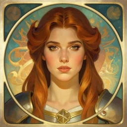 front facing symmetrical centered painted portrait, just one head, Imogen Poots as a D&D Paladin, RPG character avatar, Mucha style, Blizzard concept art, pixar, dreamworks, global illumination lighting, trending on artstation, by lois van baarle, ilya kuvshinov, rossdraws