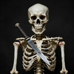 Upset skeleton with a knife in his chest