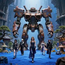 by oka yasutomo and anna dittmann, visually stunning, cinematic, ultra realistic, hyper realism, 1 2 k, epic, octane render, unreal engine, vfx, maya, japanese garden in a space fortress, edgewall inkeeper, a huge rusting mech, crazy fashion catwalk, blue desert, a death metal album cover art