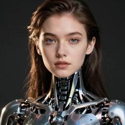 close - up portrait of beautiful young woman with cybernetic dress, art by steve mccurry