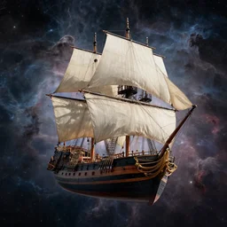 a beautiful galleon ship floating in space nebula clouds, highly detailed space scene, ultra realistic, sharp focus, cinematic