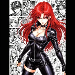 highly detailed professional 9 0 s seinen mecha manga cover art of goth woman with red hair, red eyes, leather clothes, black makeup. chunibyo. horror action manga cover art cover art. detailed and intricate environment. pencils by ilya kuvshinov, painted by zdzislaw beksinski, inks by tsutomu nihei. pixiv pixiv