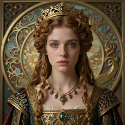 beautiful young medieval queen by magali villeneuve, iris van herpen, jean delville, james jean, art nouveau, visionary, detailed face portrait octane render, ornate garments, beautifully lit