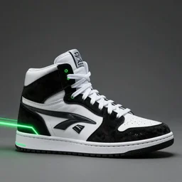 looking at the side of a futuristic sneaker from Rebok, art by Gerald Parel, trending on Artstation, hightop, black and white, leather, suede, chrome, green neon, green lasers, photorealism, hyperrealism artstation
