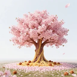 a lonely sakura tree made of spaghetti with meatballs petals, beautiful solemn photography