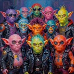 apocalyptic squalor goblins posing together in a professional group photo, psychedelic vibrant colors, futuristic punk rock fashion, oil painting by michael whelan art, perfect faces, sharp focus, detailed eyes, realistic, leather jacket, 8 k