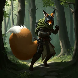 a medieval anthropomorphic fox assassin with a fluffy tail in the forest as a dnd character, trending on artstation, cgsociety, assassins creed, fantasy art