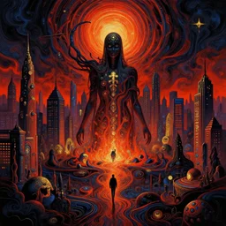 psychdelic city blaze of glory dreamworld in the underworld, surrealist and abstract digital art trending on artstation by artist Rob Gonsalves and Mark Riddick supreme peace immense knowledge black red orange navy gold dmt art