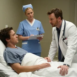 a movie scene featuring Chris Evans as a doctor talking with a sick patient in bed who is Chris Evans, a nurse who is Chris Evans stands nearby with a chart, directed by Christopher Nolan