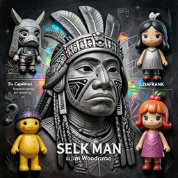 a distopic espiritual diagram portrait of a Selk'nam with a Capirote, Plastic toy, art toy, by Jim Woodring and lisa frank , Award winning engraving, iridiscense, dramatic lighting, Accurate and detailed, sharp focus, 8k ,
