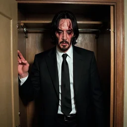 grainy photo of john wick as a creepy monster in a closet, harsh flash