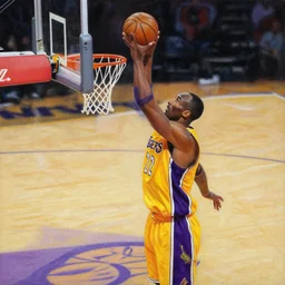 painting of one person playing basketball, lone kobi in an epic play, yellow lakers basketball player, kobi bryant scoring a hoop alone on the basketball court, intricate detail, award - winning, masterpiece, focus on kobi bryant