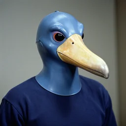 Man wearing a latex shoebill stork mask in the Max headroom incident (1987), still