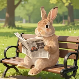 a humanoid rabbit sitting in the bench at a park reading a newspaper digital art