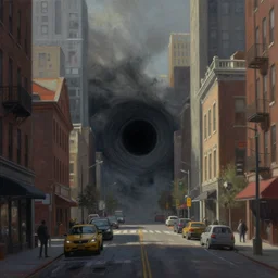 black hole in the middle of a street, city, detailed painting, 4 k, hd, realistic, digital painting, artstation, by, paul bonner, aarons slim
