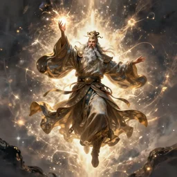hyper detailed surreal full body portrait of an ancient wizard with flowing robe floating in the air in an epic magic blast action pose, artstation, pinterest, concept art