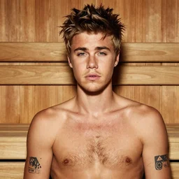 high-resolution photograph of Justin Bieber in a sauna with really hairy chest