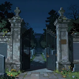 kim jung ji illustration titled in front of the cemetery gates, moody, sharp, night, exquisite, vibrant colors, symmetrical, masterpiece, cinematic, high detail, by karl kopinski