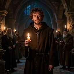 jesse eisenberg as an enigmatic medieval christian ( ( monk ) ) in a dark underground city. dark shadows, colorful, candle light, law contrasts, ( ( split light ) ) ) fantasy portrait by jakub rozalski, jan matejko, and j. dickenson