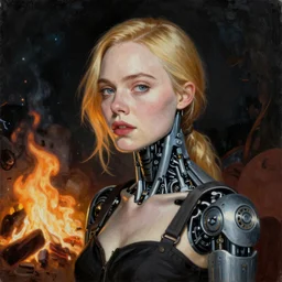 a striking hyper real painting of Elle Fanning with cybernetics by Goya, night, fire lit,