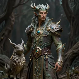 a male spore druid with fractal themed clothing, fully clothed, pet animal, D&D, fantasy, intricate, cinematic lighting, highly detailed, digital painting, artstation, concept art, smooth, sharp focus, illustration, art by Artgerm and Greg Rutkowski and Alphonse Mucha