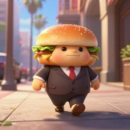 a hamburger with a rich suit and tie as nendoroid walking along a luxurious sidewalk in the city of los angeles in the croods movie style, anime, disney, pixar, 8 k, hd, dof, kodak film, volumetric lighting, subsurface scattering, photorealistic, octane render, details