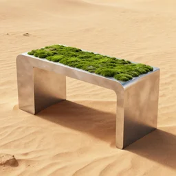 a modern desk made of rectangle tetris, made of silver steel and moss, octane render, trending on artstation, on the hard desert floor
