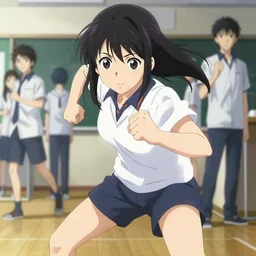 anime visual, full body illustration a young woman in a fight at school, handsome face by ilya kuvshinov, yoshinari yoh, makoto shinkai, katsura masakazu, dynamic perspective pose, detailed facial features, kyoani, rounded eyes, crisp and sharp, cel shad, anime poster, ambient light,