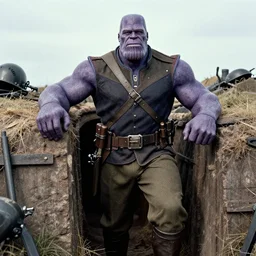 Thanos as a soldier, ww1 trench, war photo, film grain