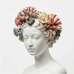 full head and shoulders, beautiful female white, porcelain sculpture, with complex colourful plastic coral sea anemones on her head by daniel arsham and james jean, on a white background, delicate facial features, white eyes, white lashes