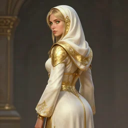 Female cleric, golden-white robes, fantasy, green eyes, young, extremely detailed face!, shaped derriere, looking from side, artstationHD, octane, by artgerm and wlop