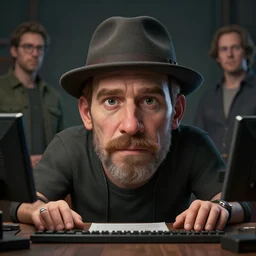 hyperrealistic mixed media image of info wars alex jones at desk wearing hat, stunning 3 d render inspired art by xiang duan and thomas eakes and greg rutkowski, perfect facial symmetry, hyper realistic texture, realistic, highly detailed attributes and atmosphere, dim volumetric cinematic lighting, 8 k octane detailed render, post - processing, masterpiece,