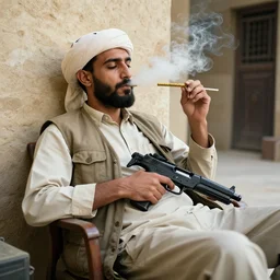 A white dude chilling in iraq holding some guns and smoking a blunt