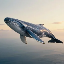 a huge blue whale is floating in mid air, epic, cinematic shot, soft color, golden hour, artstation, atmosphere, high definition