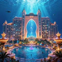 exterior huge architecture, digital art, royal atlantis underwater palace, a lot of lights and people, magical fantasy and vibrant, trending on artstation