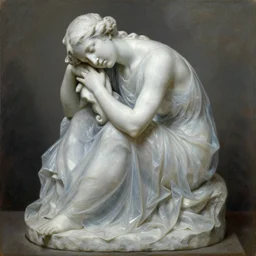 sculpture of a sad fragile beautiful girl covered in translucent flowing dress, wet drapery, classical greece, alla prima, oil painting, by giovanni strazza and raffaelo monti