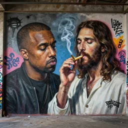 surrealist hyperrealistic graffiti mural of kanye west smoking a joint with jesus christ, detailed, by rembrandt van rijn, lisa frank, hr giger, beksinski, anato finnstark!!, 8 k resolution, beautiful lighting, studio light, extremely detailed, establishing shot, realistic materials, hyperrealistic