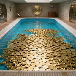 photorealistic photograph of a swimming pool full of gold coins instead of water, pool with coins inside, pool inside a vault