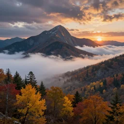 mountains, clouds, trees, sunset, beautiful nature, autumn, hyperdetailed, focused, cinematic lighting, oil painting, colorful, canvas, artstation, Albert Bierstadt, Hans Dahl, Theodor Kittelsen, Hermann Hendrich, Konstantin Yakovlevich Kryzhitsky