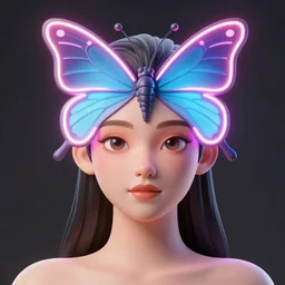 a 3 d model of an exotic beautiful woman with a neon butterfly head, fixed eyes, perfect eyes, perfect symmetrical lips, unreal engine, cinema 4 d, intricate details, 8 k, ultra realistic, super detailed, octane, ray tracing, artstation, beeple, 3 d model, style of uncharted, final fantasy, pixar, toy story