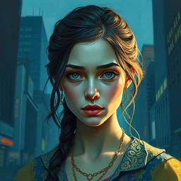 portrait of a beautiful girl, new york backdrop, sad, shades of blue and yellow, beautiful face, rule of thirds, intricate outfit, spotlight, by greg rutkowski, by jeremy mann, by francoise nielly, by van gogh, digital painting