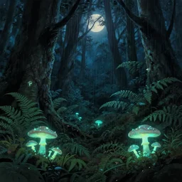 dark primitive forest covered with fluorescent mushrooms and ferns, showered by moonlight, natural lighting, mysterious color scheme, intricate details, matte painting, illustration, by hayao miyazaki