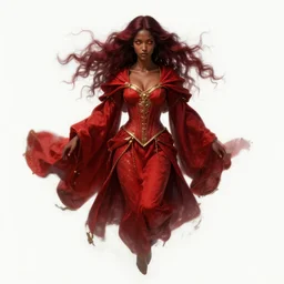 Portrait of a beautiful sorceress, alone!!, dnd, d&d, Red robes, golden accents, crimson clothes, corset, young, dark red hair, dark skin, burning eyes, floating, detailed face!, highly detailed, high fantasy, matte painting, by Krenz Cushart and Artem Demura and alphonse mucha, artstation, HD, 4K, midjourney