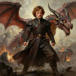 exhausted Tyrion Lannister portrayed by Peter Dinklage after a dragon battle, epic stance posing, very epic painting by Boris Vallejo