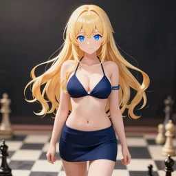a very beautiful young anime chess girl, full body, long wavy blond hair, sky blue eyes, full round face,, bikini, miniskirt, front view, mid - shot, highly detailed, cinematic wallpaper by stanley artgerm lau