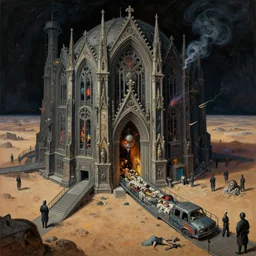 fish eye view of detailed portrait, intricate complexity, by greg rutkowski, ross tran, conrad roset, takato yomamoto, ilya kuvshinov huge gothic crematorium on desert planet, elevator, side ramp entrance vehicle, dead bodies, guards intricate, painting by lucian freud and mark brooks, bruce pennington, dark colors, neon, death, guards, nice style smoke